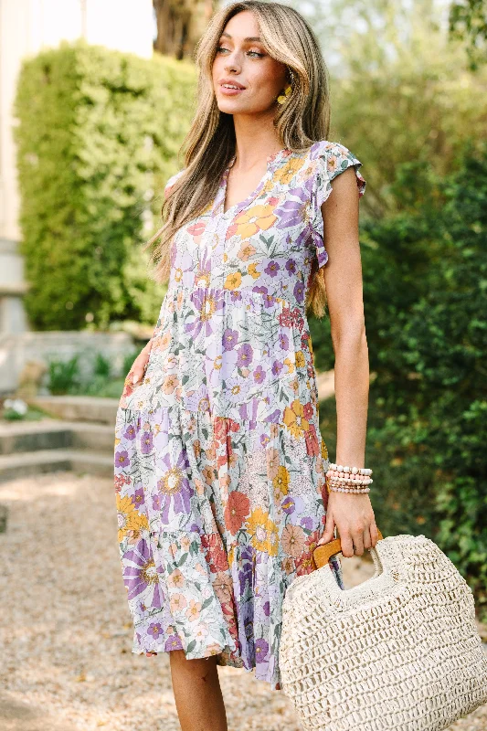 Comfortable Jackets Make It Your Own Lavender Purple Floral Tiered Dress
