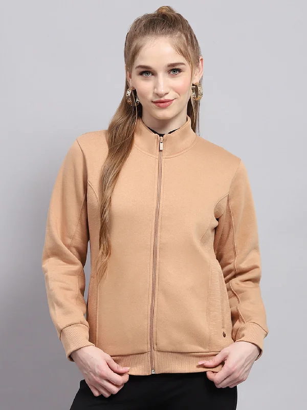 Stylish Wear Women Peach Solid Mock Neck Full Sleeve Sweatshirt