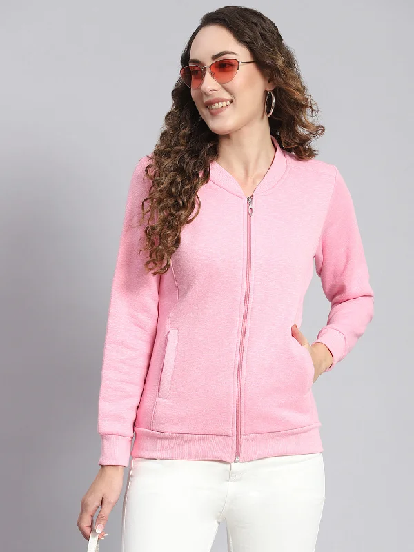 Effortless Comfort Women Pink Solid Mandarin Collar Full Sleeve Sweatshirts