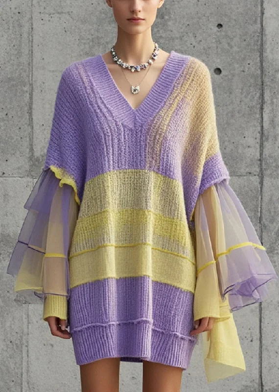 Easygoing Style Simple Purple V Neck Patchwork Tulle Sweater Dress Fall