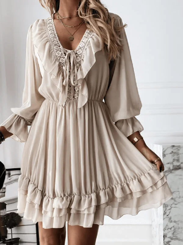 Smart Casuals Solid Pleating Leisure Long Sleeve Casual Dress for Women