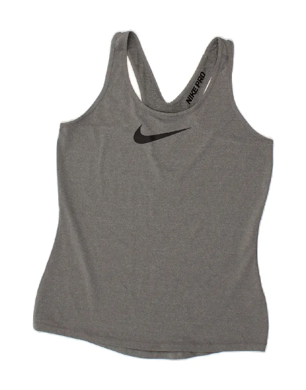 Cozy Fit NIKE Womens Graphic Vest Top UK 14 Large Grey Polyester