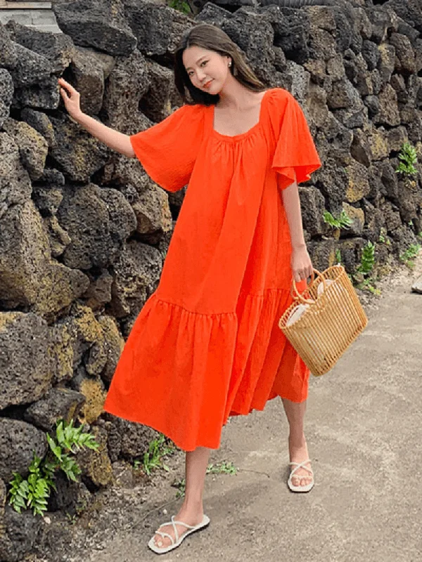 Weekend Style Flare Sleeve Bohemian Square Neck Solid Loose Dress for Women