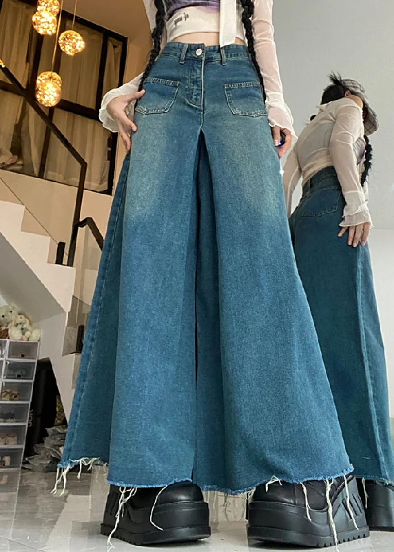 Comfy Chic Modern Blue Button Pockets High Waist Denim Pants Fall