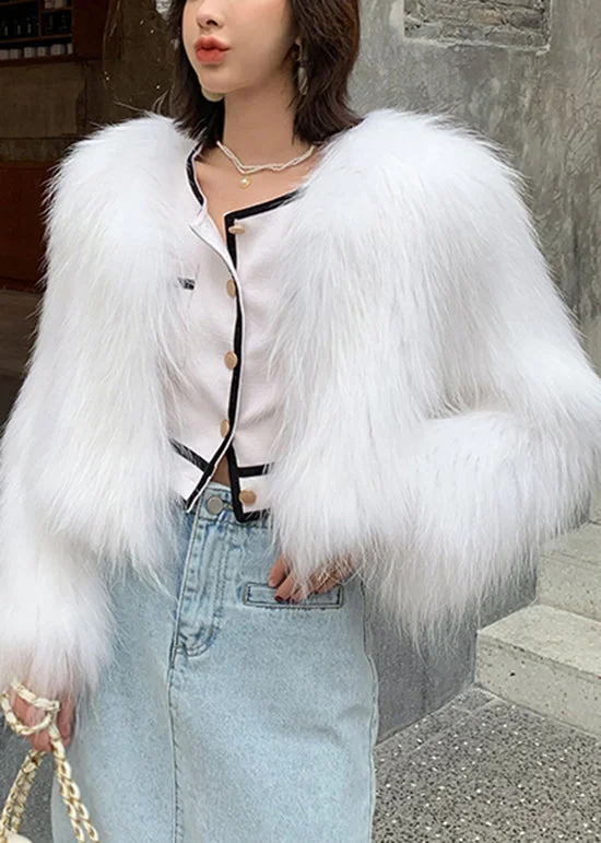 Effortless Comfort Fashion White V Neck Patchwork Faux Fur Coat Winter