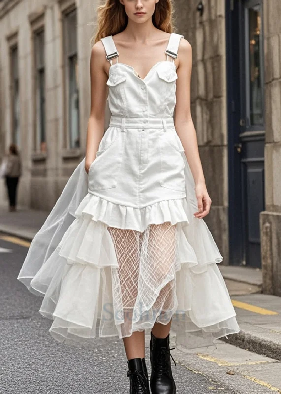 Sporty Elegance Style White Ruffled Patchwork Tulle Denim Holiday Dress Summer