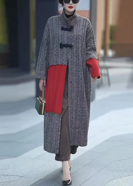 Easy Fashion Loose Grey Button Knit Patchwork Long Coats Winter