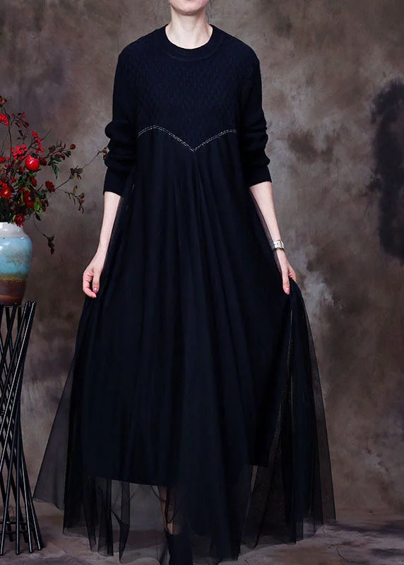 Trendy Comfort Classy Black Knit Patchwork Fall Sweater Dress