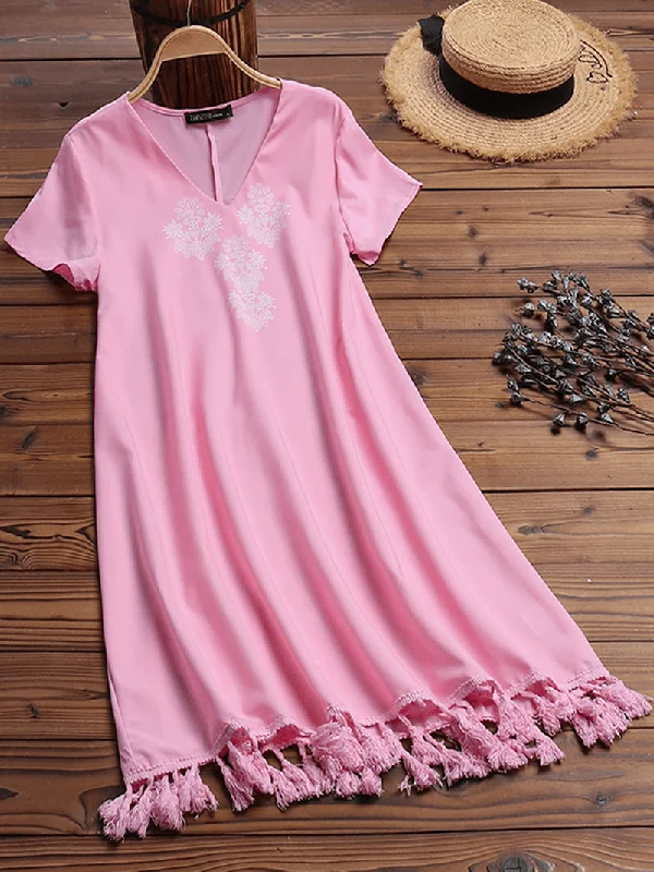 Versatile Style Women Short Sleeve Tassel Patchwork Casual Dress