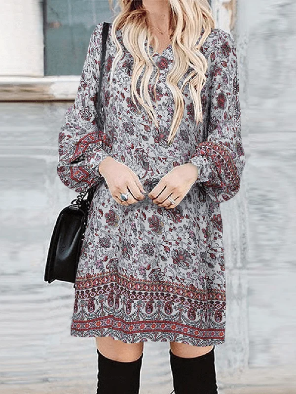 Soft Textures Bohemian Women Floral Print V-Neck Puff Sleeve Button Cuffs Casual Mini Dress