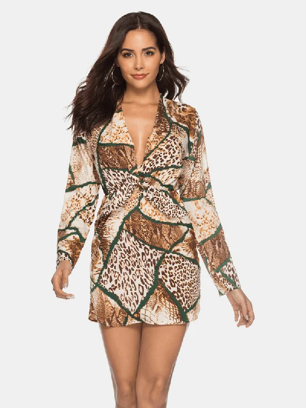 Soft Fashion Snake Print Cross V Neck Pleated Chiffon Mini Dress