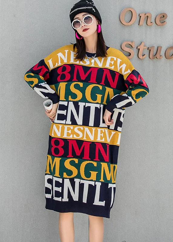 Cozy Look Unique O-Neck Loose Graphic Fall Knit Dress Long Sleeve