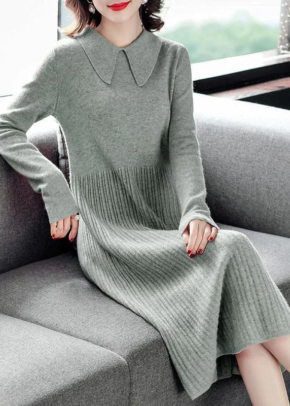Cozy Vibes Modern Green Solid Color Peter Pan Collar Wrinkled Knit Sweater Dress Long Sleeve