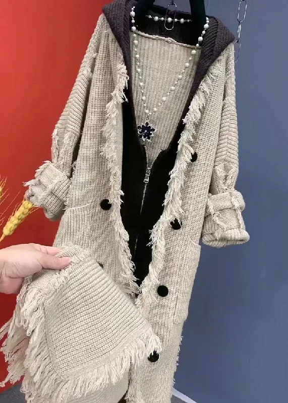 Soft Style Fashion Beige Tasseled Patchwork Knit Hooded Coat Fall