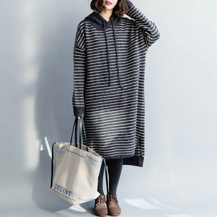 Chic Outfits Vintage Sweater knit top pattern Moda hooded gray striped Mujer knit dress