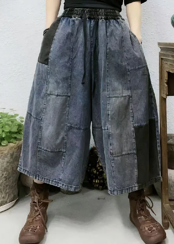 Relaxed Dresses New Blue Pockets Elastic Waist Patchwork Denim Crop Pants Summer