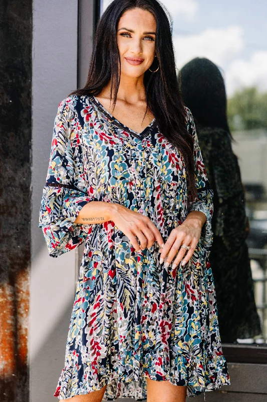 Soft Textures Just You Wait Navy Blue Bell Sleeve Dress