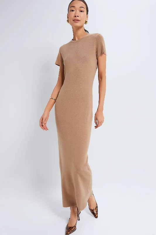Elegant Wear Tan Cashmere T-Shirt Maxi Dress