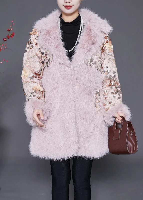 Trendy Casuals Pink Patchwork Faux Fur Coats Oversized Nail Bead Winter