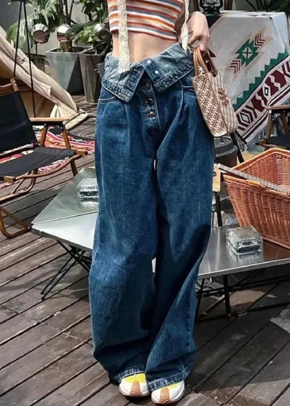 Trendy Comfort French Blue Button High Waist Denim Pants Summer
