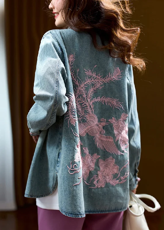 Sports Style French Blue Stand Collar Embroidered Button Denim Coat Fall