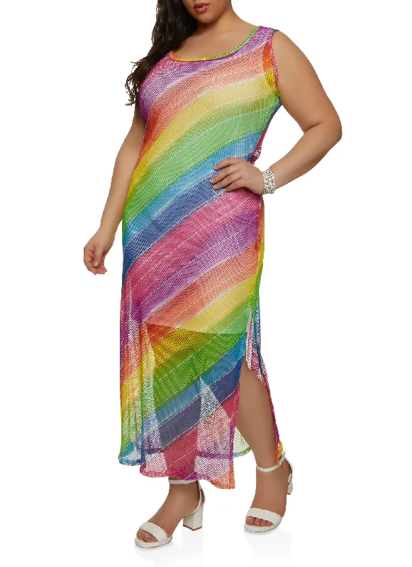 Warm Wear Plus Size Fishnet Rainbow Striped Tank Maxi Dress
