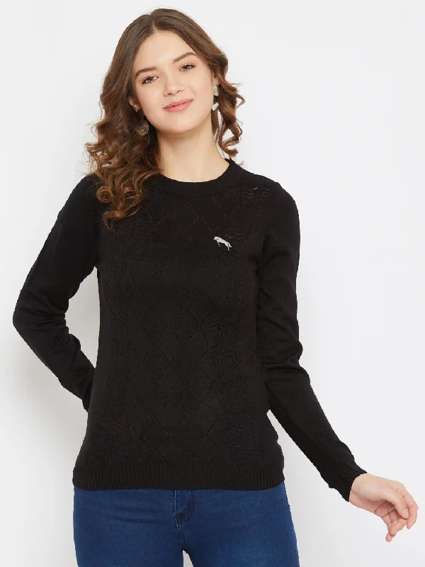 Luxe Comfort JUMP USA Women Black Self Design Casual Sweater