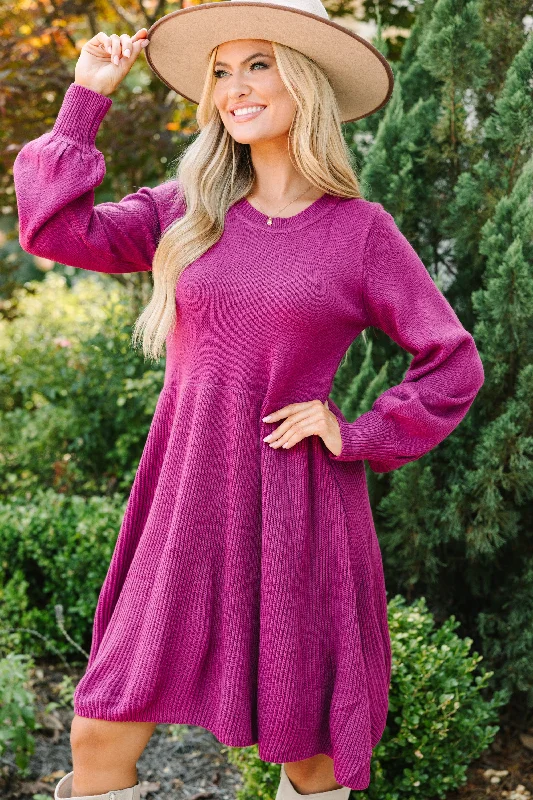 Cozy Vibes Catch Yourself Plum Purple Bubble Sleeve Sweater Dress