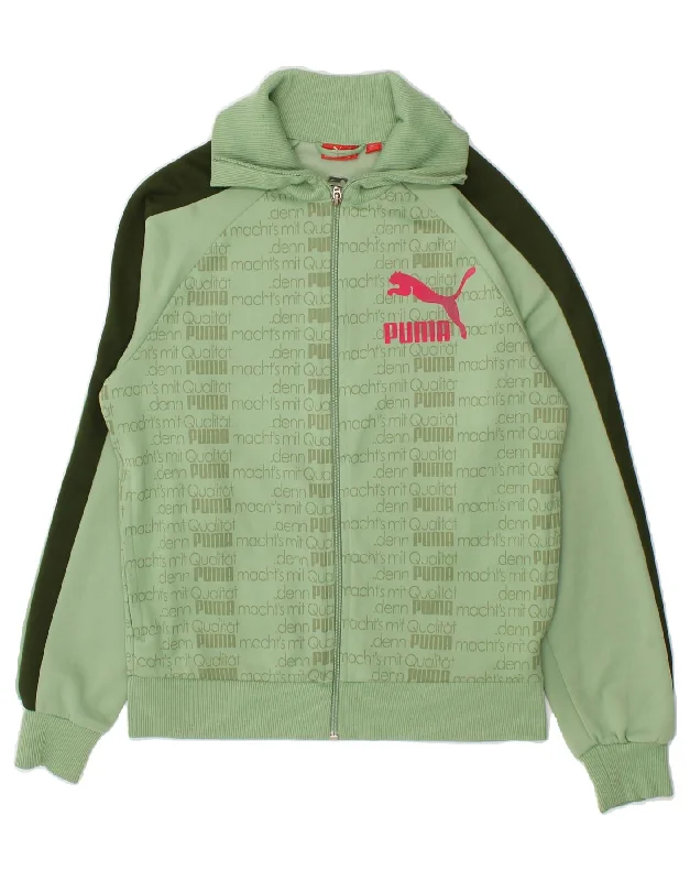 Casual Chic PUMA Womens Graphic Tracksuit Top Jacket UK 10 Small Green Polyester