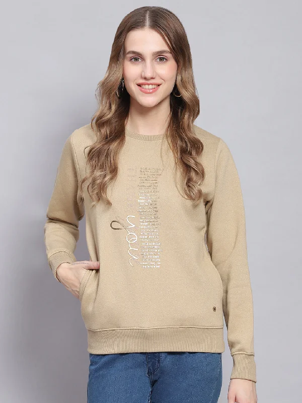 Relaxed Dresses Women Khaki Printed Round Neck Full Sleeve Sweatshirts