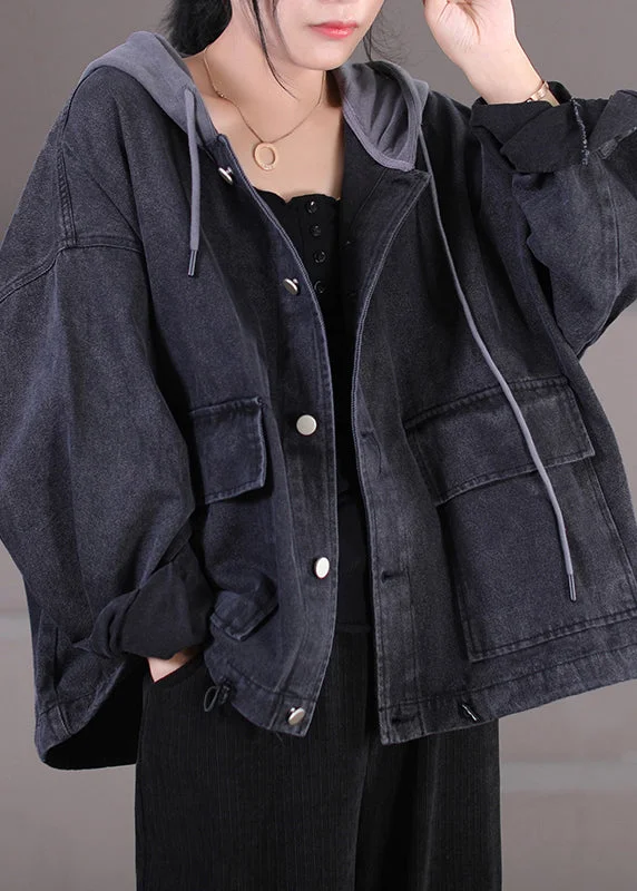 Fashionable Items Women Dark Grey Drawstring Knit Patchwork Button Denim Hooded Coats Fall
