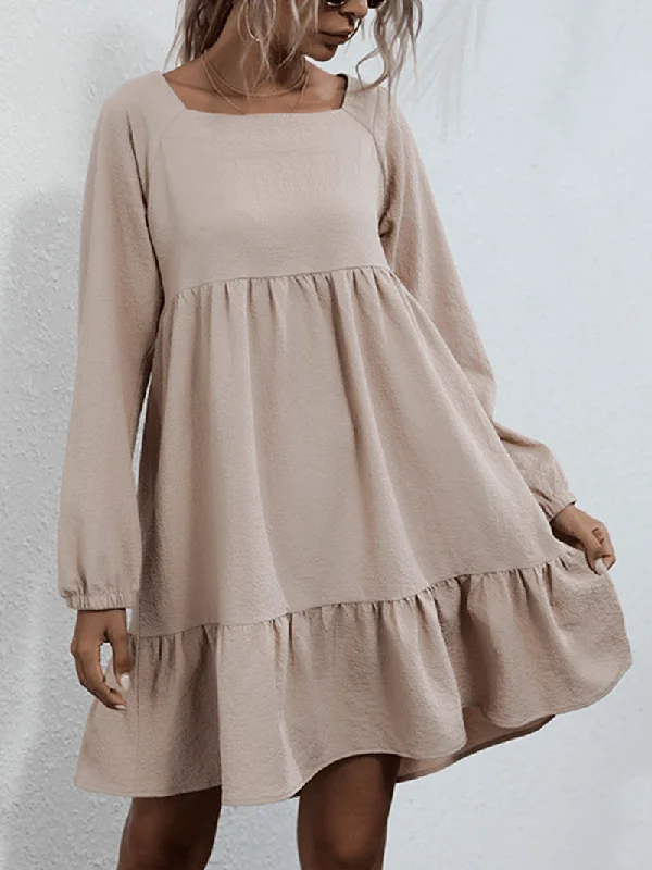 Effortless Comfort Women Brief Style Solid Color Bowknot Ruffle Long Sleeves Casual Dress