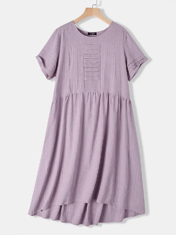 Comfortable Outfits Casual Striped Irregular O-Neck Short Sleeve Pleated Dress