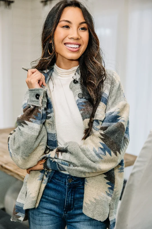 Relaxed Style Plant Your Roots Blue Aztec Shacket