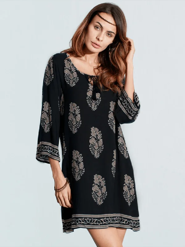 Comfort Fit Women Vintage Floral Printed 3/4 Sleeve Mini Dresses