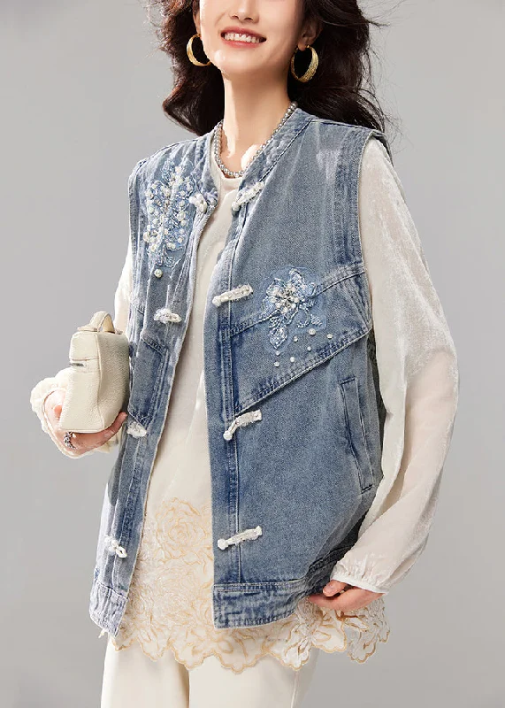 Design Must-have Loose Blue Nail Bead Button Pockets Denim Waistcoat Sleeveless