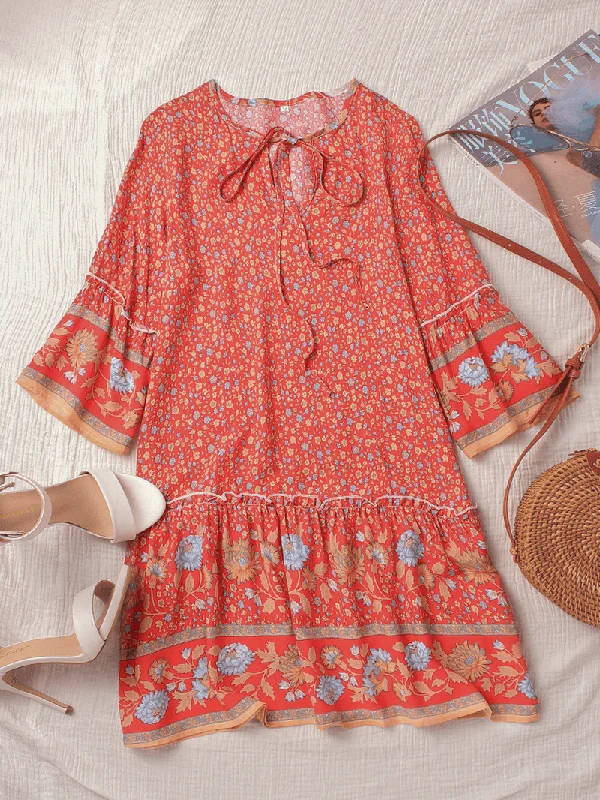 Relaxed Dresses Bohemian Floral Print V Neck Summer Beach Mini Dress