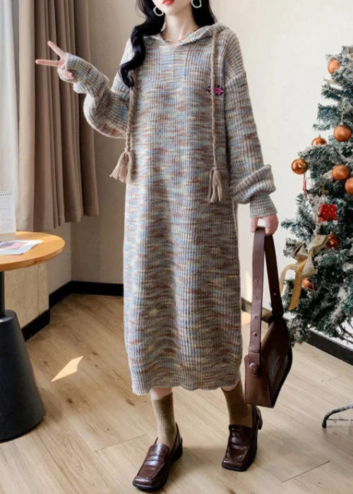 Easy Fashion Blue Cozy Cotton Knit Sweater Dress Hooded Winter