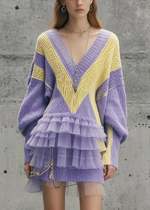 Smart Casuals Modern Lavender V Neck Patchwork Tulle Long Sweater Fall