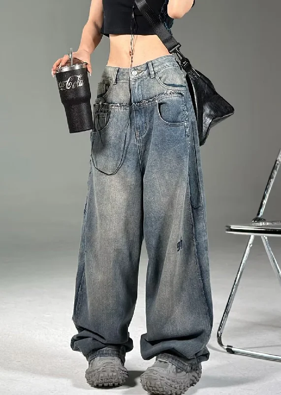 Effortless Dressing French Blue Pockets High Waist Neutral Denim Pants Summer
