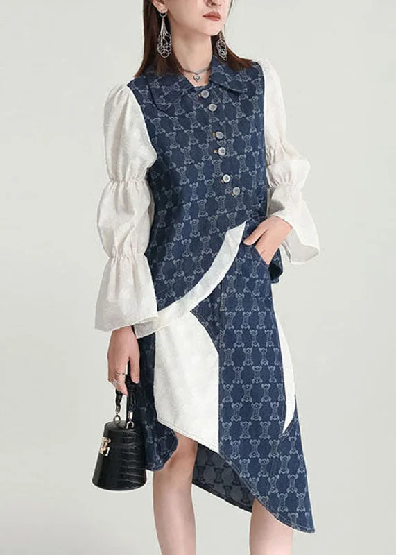 Relaxed Chic Italian Colorblock Asymmetrical Patchwork Denim Cotton Two Pieces Set Fall