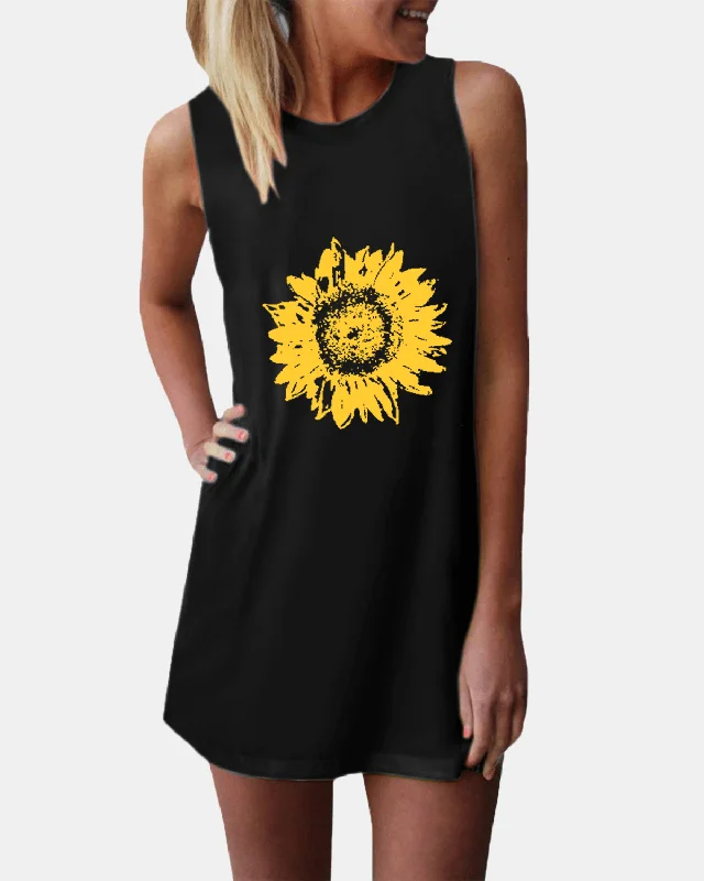 Soft Comfort Sunflower Print O-Neck Sleeveless Casual Mini Dress