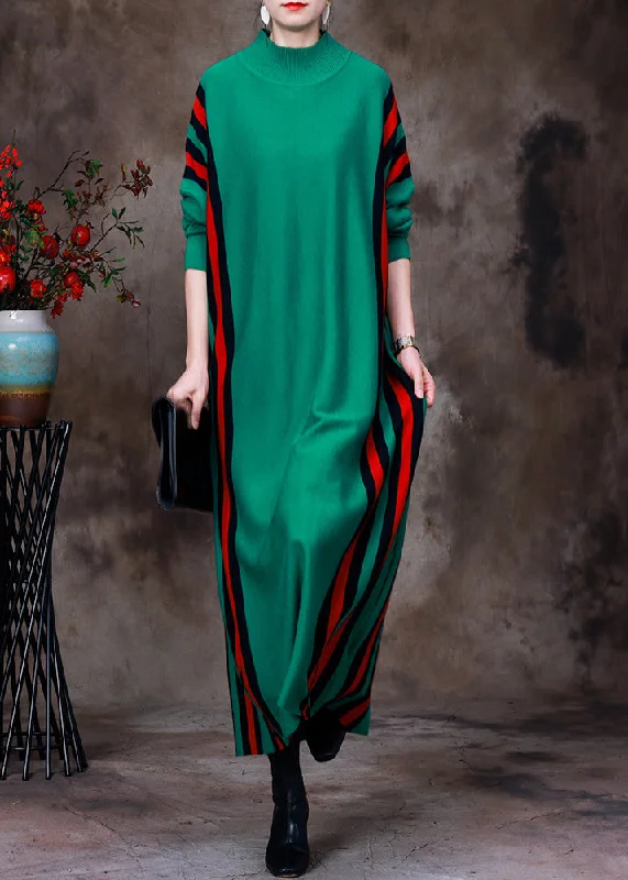Lounge Chic Green Turtleneck Striped Patchwork Knit Long Sweater Dress Long Sleeve