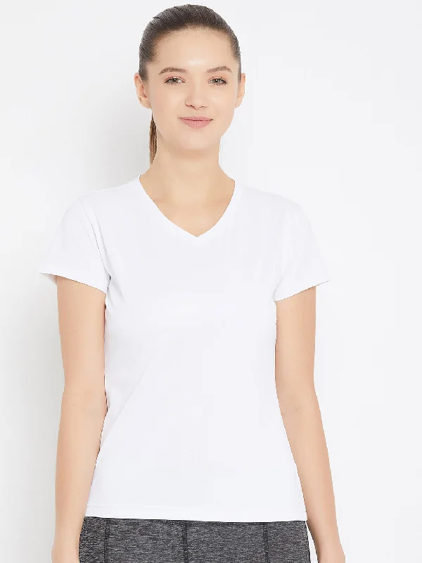 Casual Elegance JUMP USA Women White Active Wear V- Neck T-shirt