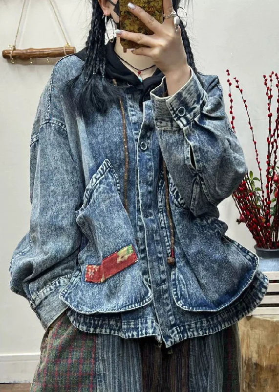 Cozy Pants Loose Blue Pockets Patchwork Denim Short Coats Fall