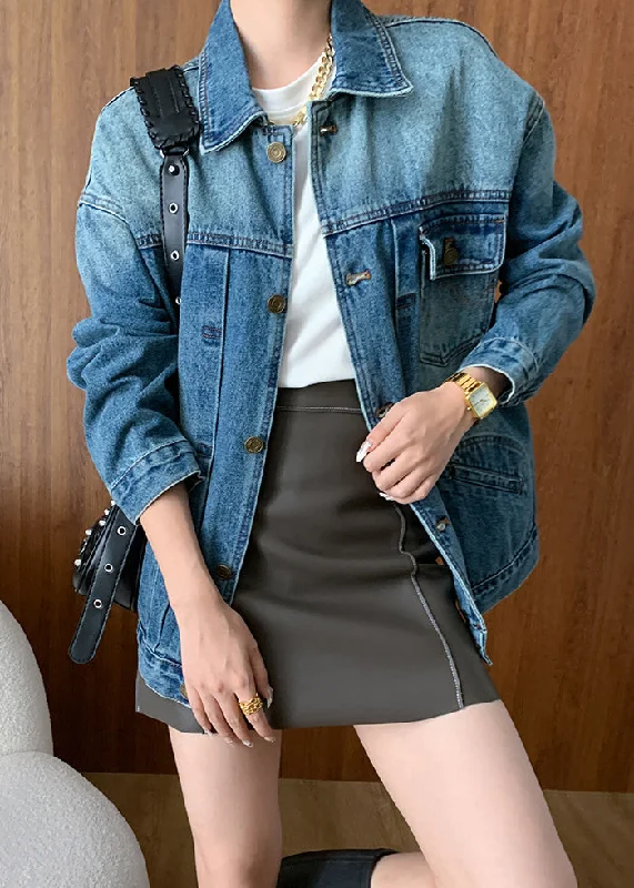 Daily Comfort French Blue Peter Pan Collar Button Pockets Denim Coats Fall