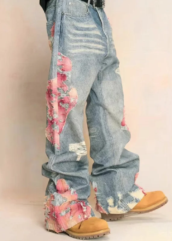 Timeless Comfort Chic Blue Print Pockets High Waist Denim Pants Fall