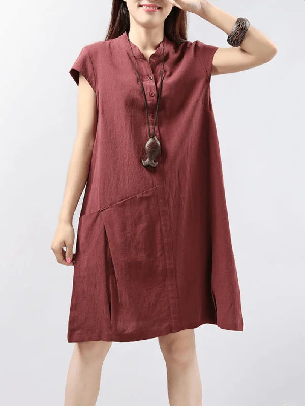 Soft Style Women Short Sleeve Button Solid Color Casual Dress