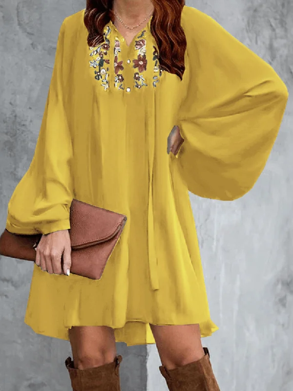 Soft Wear Flowers Embroidery Puff Sleeve Lace-Up Loose Bohemian Mini Dress for Women