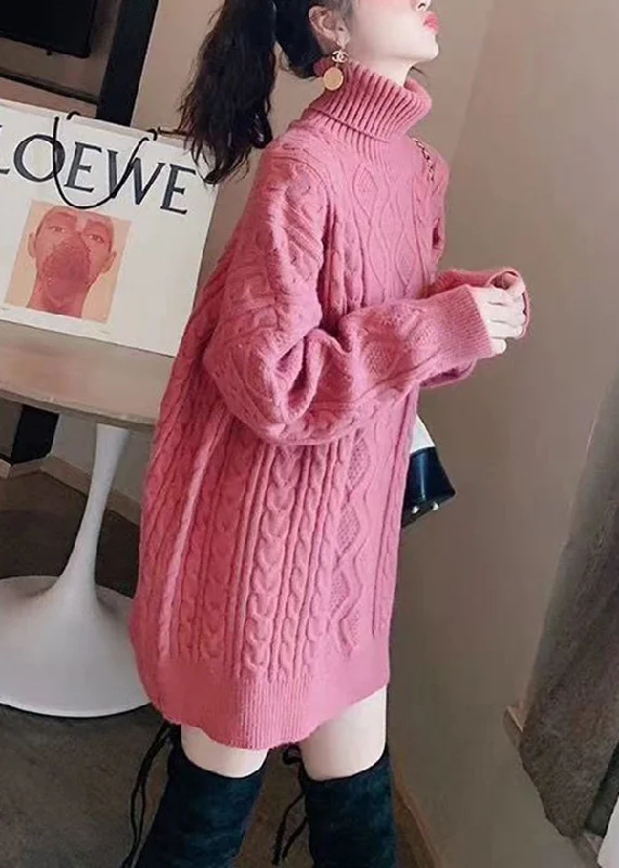 Comfortable Dresses Stylish Rose Hign Neck Patchwork Thick Knit Sweater Dress Winter